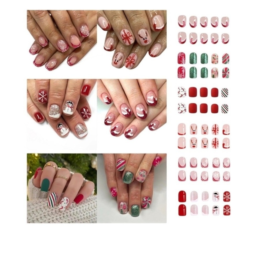 BHOOKA 144 Pcs 6 Styles Christmas Press on Nails Kit Short Fake Nails Red S6